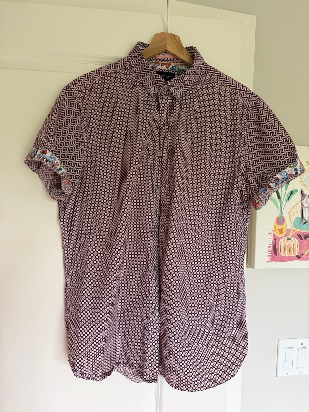 Denim & Flower short sleeve button down with maroon geo floral design.